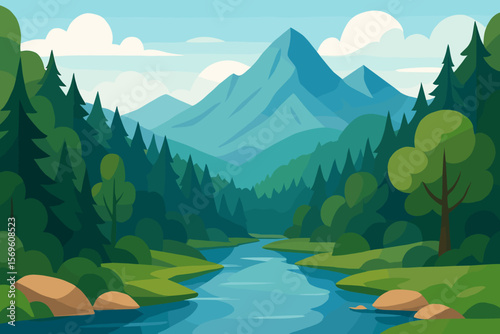 Nature landscape with river in forest valley and mountains on background. Summer scenic view. Travel, adventure, hiking concept. Modern flat cartoon vector illustration. Banner.