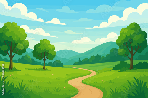 Cartoon summer landscape with green meadow, trees, and winding path. Beautiful rural scenery with hills, blue sky, and clouds. Vector nature background for travel or ecology.