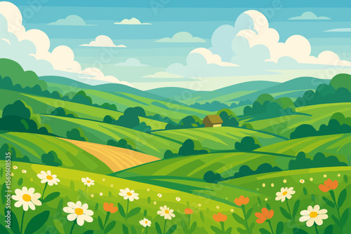 Summer farm landscape with green hills, flower meadow, and blue sky. Vector illustration of a rural countryside scene. Agriculture concept with fields, house, and clouds.