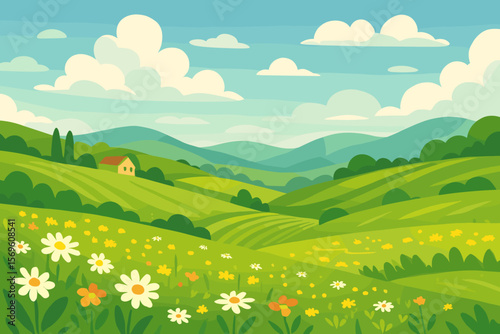 Cartoon summer landscape with green rolling hills, fields, and a flower meadow. Rural countryside scenery with a farm house, blue sky, and clouds. Vector nature background.