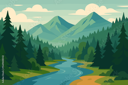 Beautiful mountain landscape with river flowing through a pine forest. Modern flat vector illustration. Scenic nature background for travel, adventure, and tourism concepts.