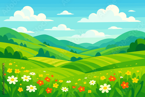 Idyllic summer landscape vector background. Beautiful green rolling hills, farm fields, and blooming flower meadow. Cartoon rural countryside scenery with blue sky and clouds.