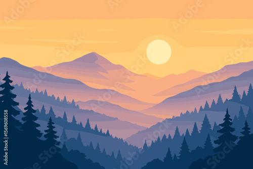 Mountain landscape at sunrise with foggy layered hills and pine forest silhouette. Vector nature scenery background. Modern flat illustration for travel, hiking, or adventure.