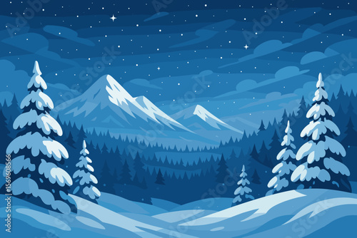 Winter landscape at night with snow covered mountains, pine forest and starry sky. Beautiful Christmas Eve scene. Vector illustration for holiday background or winter wonderland.