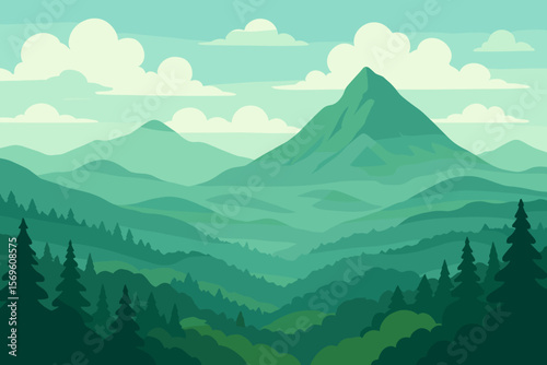 Green mountain landscape with pine forest, hills and misty valley. Peaceful nature scenery background for adventure and travel. Modern flat cartoon vector illustration.
