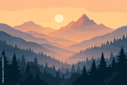 Mountain landscape at sunrise or sunset. Foggy hills and forest silhouette. Flat vector illustration background. Nature scene for travel, adventure, wallpaper or web banner.