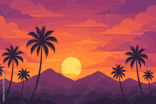 Tropical paradise sunset landscape with palm tree and mountain silhouettes. Scenic panoramic vector illustration background. Summer vacation travel concept. Exotic island evening view.