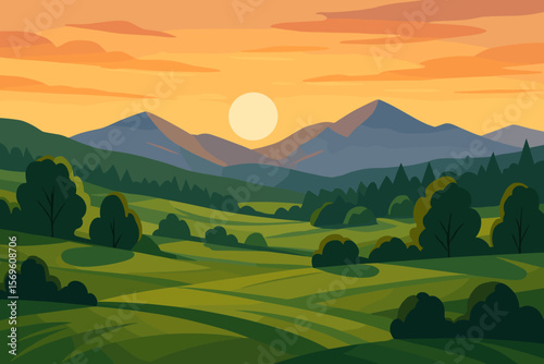 Serene vector landscape with rolling green meadows, lush trees, distant mountains, forest hills, and vibrant sunset sky. Peaceful countryside nature scene, summer evening illustration