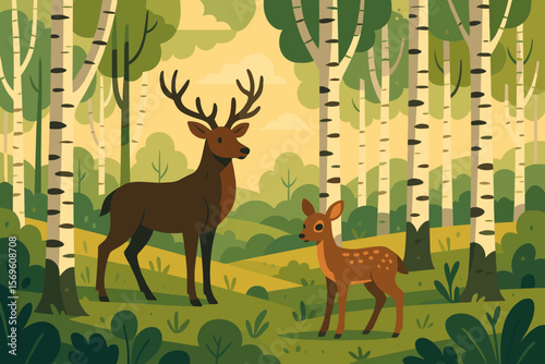 Majestic deer and fawn in birch forest landscape. Modern flat vector illustration. Woodland wildlife, nature scene, antlers, trees, green foliage, serene cartoon background.