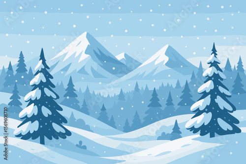 Winter mountain landscape vector illustration. Snowy pine forest, falling snow, Christmas nature scene. Flat cartoon background for holiday, seasonal, outdoor, wintertime design