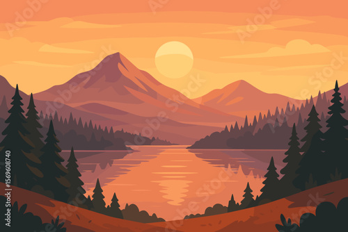Serene sunset mountain lake landscape vector. Warm orange sky, pine forest silhouettes, tranquil water reflection, scenic nature view. Modern flat cartoon illustration for backgrounds