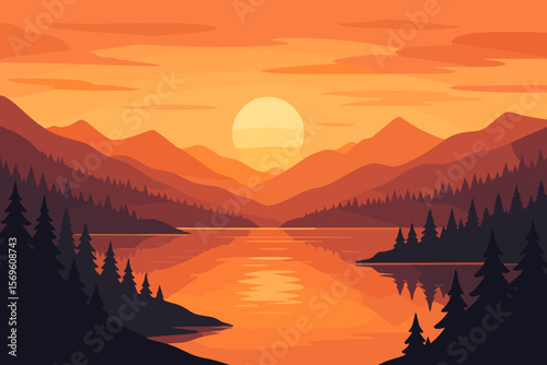 Majestic mountain lake landscape at sunset. Warm orange sky, tranquil water, pine forest silhouettes, scenic valley, peaceful nature, modern flat vector illustration, outdoor adventure