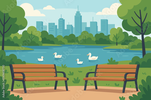 City park lake scene with benches, ducks swimming, trees, skyline, green landscape, relaxing urban nature, modern flat cartoon vector illustration, outdoor recreation concept