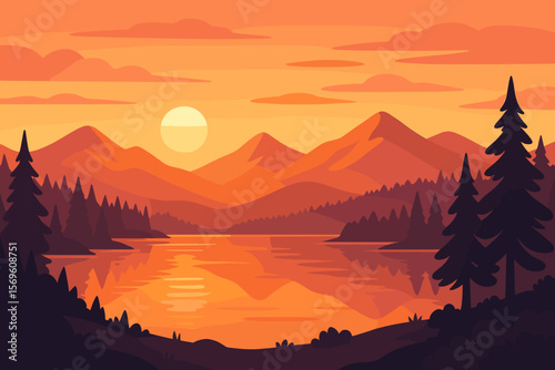 Serene mountain lake landscape at sunset. Warm orange sky, glowing sun, pine forest silhouette, tranquil water reflection. Modern flat vector illustration, peaceful nature scene