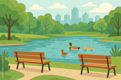 Peaceful city park lake scene with wooden benches, ducks swimming, green trees, urban skyline, relaxing outdoor nature landscape, modern flat vector cartoon illustration