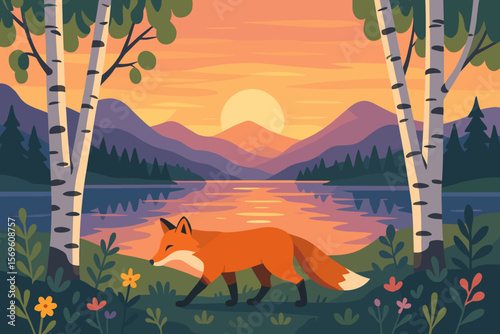 Red fox in a wild nature landscape. Vector illustration of a serene mountain lake at sunset. Forest scenery with birch trees, flowers, and beautiful mountain wilderness.