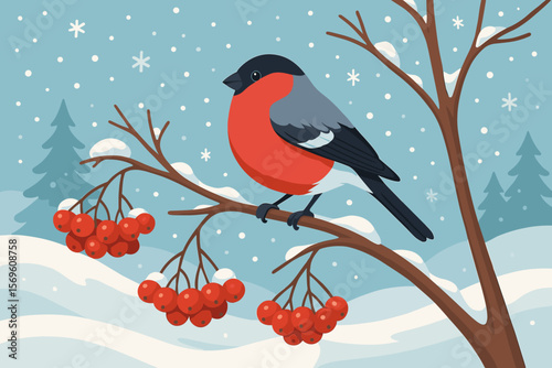 Bullfinch perched on rowan branch with red berries in snowy winter forest. Christmas wildlife scene. Festive seasonal landscape. Modern flat cartoon vector illustration. Holiday nature