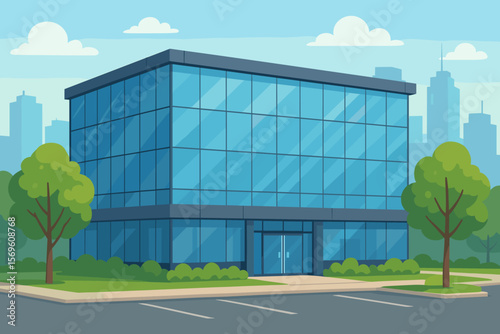 Modern office building with glass facade. Business center exterior with trees and empty parking lot. Corporate headquarters on a city background. Flat vector illustration.