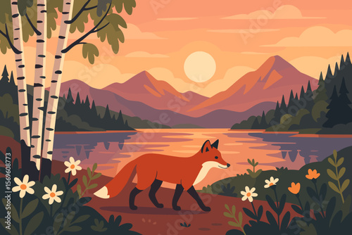 Red fox in a mountain landscape at sunset or sunrise. Vector illustration of wild nature with a lake, forest, birch trees, and flowers. Peaceful wildlife and wilderness scene.