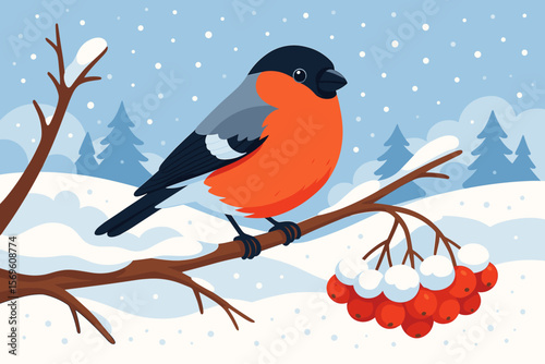 Bullfinch perched on snowy rowan branch in winter forest. Christmas wildlife scene. Festive holiday landscape. Red bird, berries, snow, pine trees. Modern flat vector cartoon