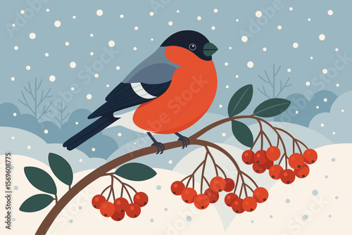 Bullfinch perched on rowan berry branch in snowy winter landscape. Christmas wildlife scene. Festive holiday bird illustration. Modern flat vector cartoon. Seasonal nature background.