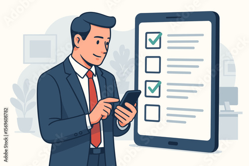 Business performance checklist. Businessman uses phone for online survey, filling digital form, taking an assessment or questionnaire. Task management and productivity concept.