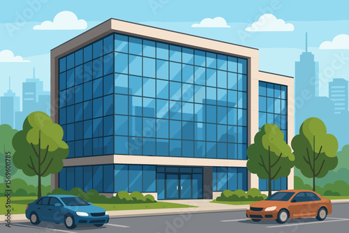 Business center with glass facade and parking. Modern corporate office building exterior. Cityscape background with skyscrapers. Urban street scene flat cartoon vector illustration.