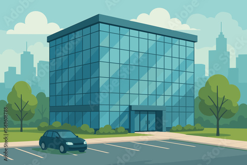 Modern office building with glass facade and parking lot. Corporate business center exterior. Cityscape background with trees and car. Urban architecture cartoon vector illustration.
