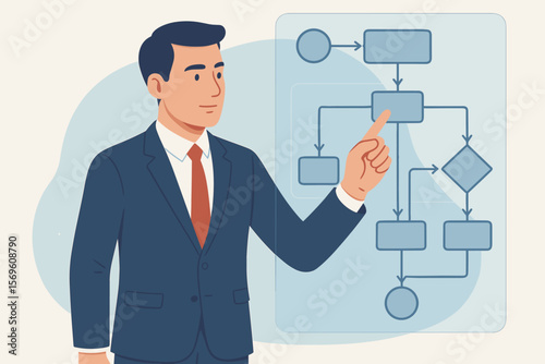Businessman in suit pointing at virtual screen with flowchart. Workflow automation, business process management, decision making, strategy planning, flat vector illustration.