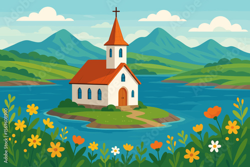 Picturesque island church with red roof and steeple on lake shore, surrounded by green meadows, wildflowers, rolling hills, and distant blue mountains in peaceful rural landscape