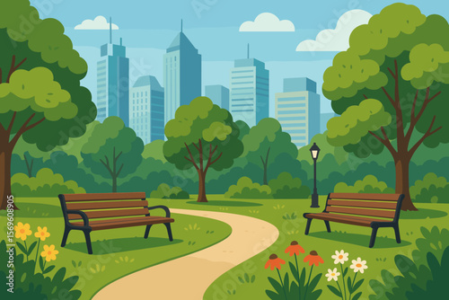 City park with benches and path. Urban oasis with green trees, grass, and flowers against a skyscraper skyline. Concept of recreation, relaxation, and sustainable city life.