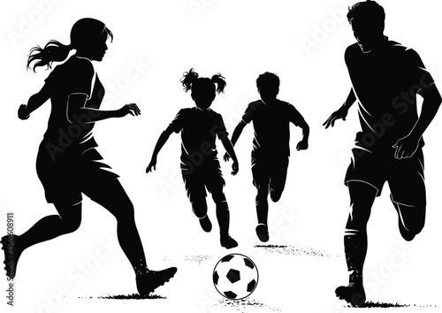 Family playing soccer together, kids and parents football fun, silhouette sports activity, outdoor game, healthy lifestyle, teamwork, bonding, summer action