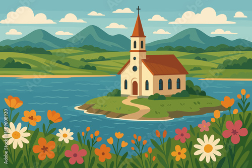 Picturesque village church on island by river, surrounded by blooming wildflowers, lush green meadows, rolling hills, and distant mountains under blue sky, peaceful landscape
