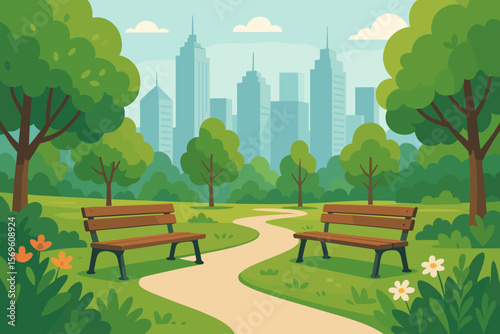 Urban city park landscape with benches, green trees, grass, flowers, walking path, modern skyscrapers, tranquil outdoor relaxation, nature in city, summer day illustration