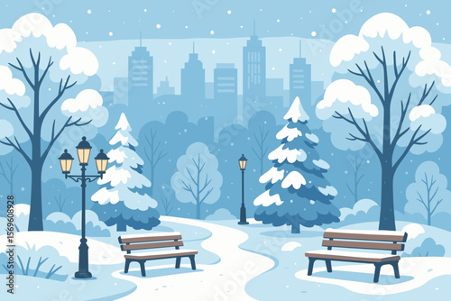 Winter city park landscape with snow-covered trees, benches, lanterns, winding paths, urban skyline, snowfall, tranquil Christmas season, serene outdoor nature scene