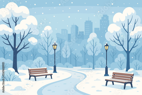 Winter city park landscape with snow covered trees, benches, winding paths, glowing lanterns, snowfall, urban skyline, tranquil nature, Christmas holiday vector illustration
