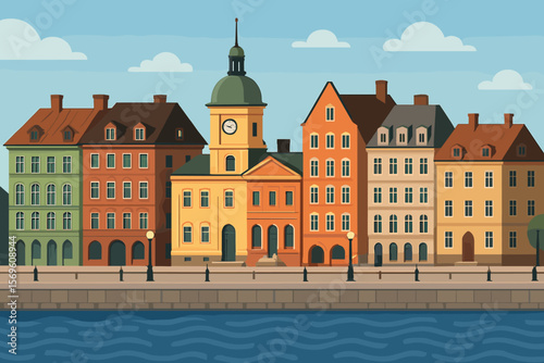 Cityscape of an old European town with historical buildings on the river embankment. Scenic waterfront view with colorful houses and clock tower. Flat vector cartoon illustration.