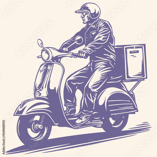 A delivery man rides a classic scooter in a vintage, graphic style. Vector illustration of a courier, a symbol of fast shipping and local service.