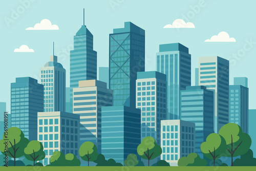 Modern flat cartoon cityscape with tall skyscrapers and office buildings. Urban business district skyline with green park and trees. Corporate architecture vector illustration.