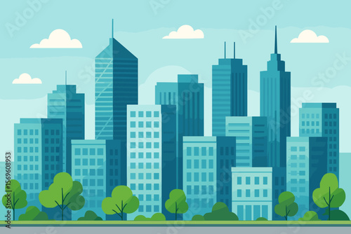 Modern flat vector cityscape illustration. Urban landscape with skyscrapers, office buildings, and trees. Downtown business district skyline. City architecture background.