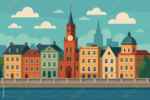 Cityscape with old historical buildings on a river embankment. European city waterfront with a clock tower. Old town architecture scene. Modern flat vector cartoon illustration.