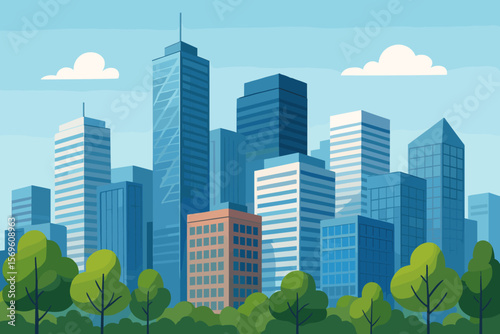 Urban cityscape with tall skyscrapers and office buildings in a financial business district. Modern downtown skyline with a green park. Flat cartoon vector illustration.