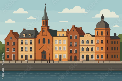 European old town cityscape. Historic city on river embankment. Colorful houses facade. Waterfront architecture. Urban scenery background. Flat vector cartoon illustration.