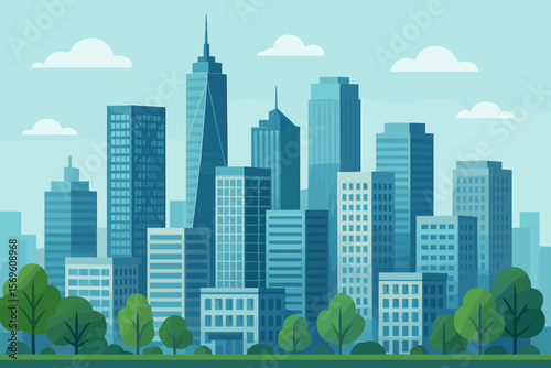 Modern cityscape with skyscrapers and office buildings in a downtown business district. Urban landscape with a public park and trees. Flat design cartoon vector illustration.