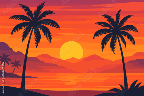 Vibrant tropical sunset beach landscape. Palm tree silhouettes, orange sky, sun setting over mountains, calm sea, paradise vacation, summer evening, modern flat vector illustration