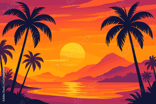 Vibrant tropical sunset beach landscape with palm tree silhouettes, glowing orange sky, summer paradise, calm sea, distant misty mountains, modern flat vector illustration