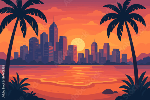 Tropical city skyline at sunset with palm trees. Modern flat vector illustration of a coastal cityscape with downtown buildings and ocean beach. Paradise business district.