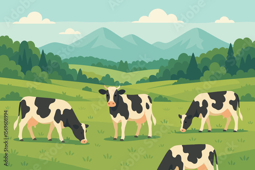 Cows grazing in green meadow. Rural landscape with mountains. Dairy farm, livestock, agriculture concept. Countryside pasture with cattle. Modern flat cartoon vector illustration.