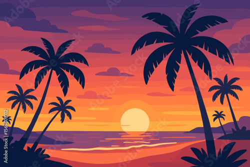 Sunset on a tropical beach with palm tree silhouettes. Vector cartoon landscape of the ocean, sea, and sun. Paradise island travel, summer vacation concept. Flat background.
