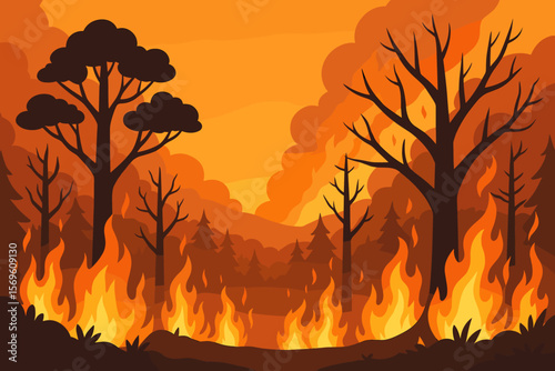 Forest fire landscape with burning trees silhouettes. Wildfire natural disaster concept vector illustration. Environmental destruction, climate change, and ecology crisis scene.